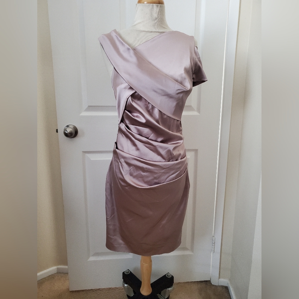Designer Talbot Runhof Pret Rose Gold Glam Ruched Stretch Satin Cocktail Dress S
